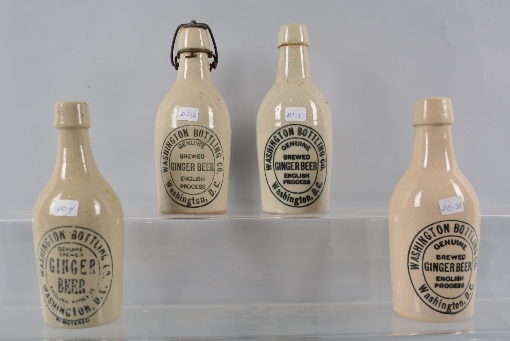 4-Washington Bottling Ginger Beer Bottles: Book # DC-2, DC-3, DC-3A, and DC-4, 1907-1908, 7 1/2", One has crazing. Very Good-Excellent