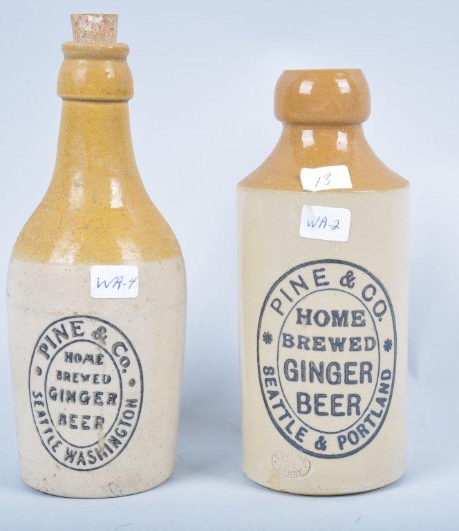 2- Pine & Co. Ginger Beer Bottles: Book # WA-2 and WA-4, 1905-1920, 7 1/2" - Excellent