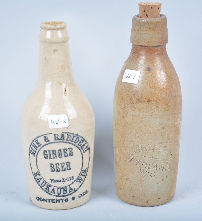 2- Wisconsin Ginger Beer Bottles: Book # WI-1 and WI-2, 1890-1904, 7 1/2" - Kaukauna and Ashland Wisconsin, - Excellent