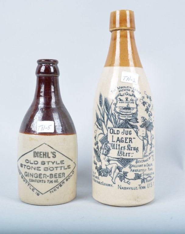 2- Tennessee Ginger Beer, Nashville: Book # TN-2 and TN-5, 1869-1954, 7 3/4", Old Jug Lager, minor crazing and great graphics, Diehl's nice colors. - Excellent