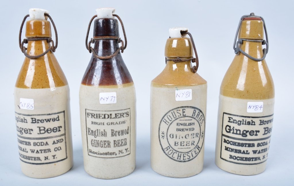 4- Ginger Beer, Rochester, NY: Book # NY-77, NY-81, NY-84 and NY-85, 1887-1950, 7 3/4". House bros, Friedler's and 2 English Brewed. Original caps. - Excellent