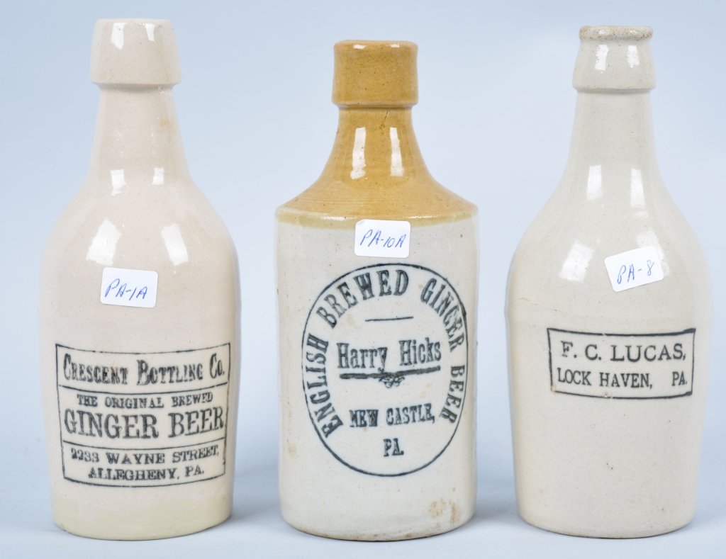3-Pennyslvania Ginger Beer: Book # PA-1a, PA-8, AND PA-10-a, 1899-1906, 7 1/2". Crescent, Allegheny, Harry Hicks, Ne Castle, and F.C. Lucas, Lock Haven. - Excellent