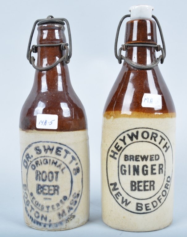 2-Mass. Ginger Beer, Boston and New Bedford: Book # MA-5 and MA-15, 1890-1950, 7 3/4". Nice graphics and original caps. - Excellent