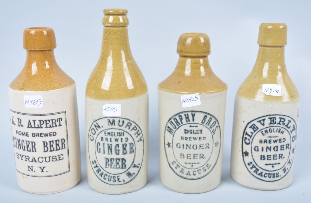 4-Syacuse, NY, Ginger Beer: Book # NY-89, NY-91, NY-105 and NY-110, 1895-1916, 7 3/4". Murphy Bros, Col. Murphey, KR Albert, and Cleverly's. Murphy bros. has hairline, Great graphics and color- Excellent
