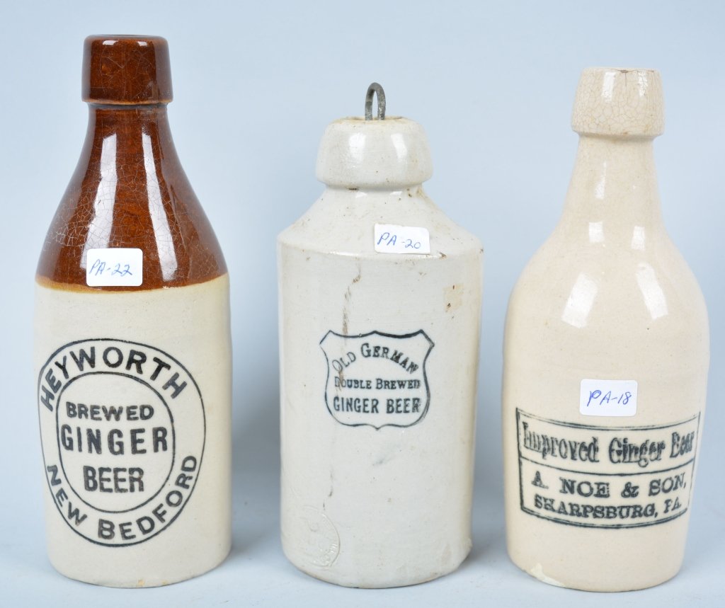3-Pennyslvania Ginger Beer: Book # PA-18, PA-20 and PA-22, 1899-1902, 7 3/4", Hewyworth, New Bedford, Noe & Son, Sharpsburg, and Rare Old German, Some crazing, nice garphics and color. - Very Good-Excellent