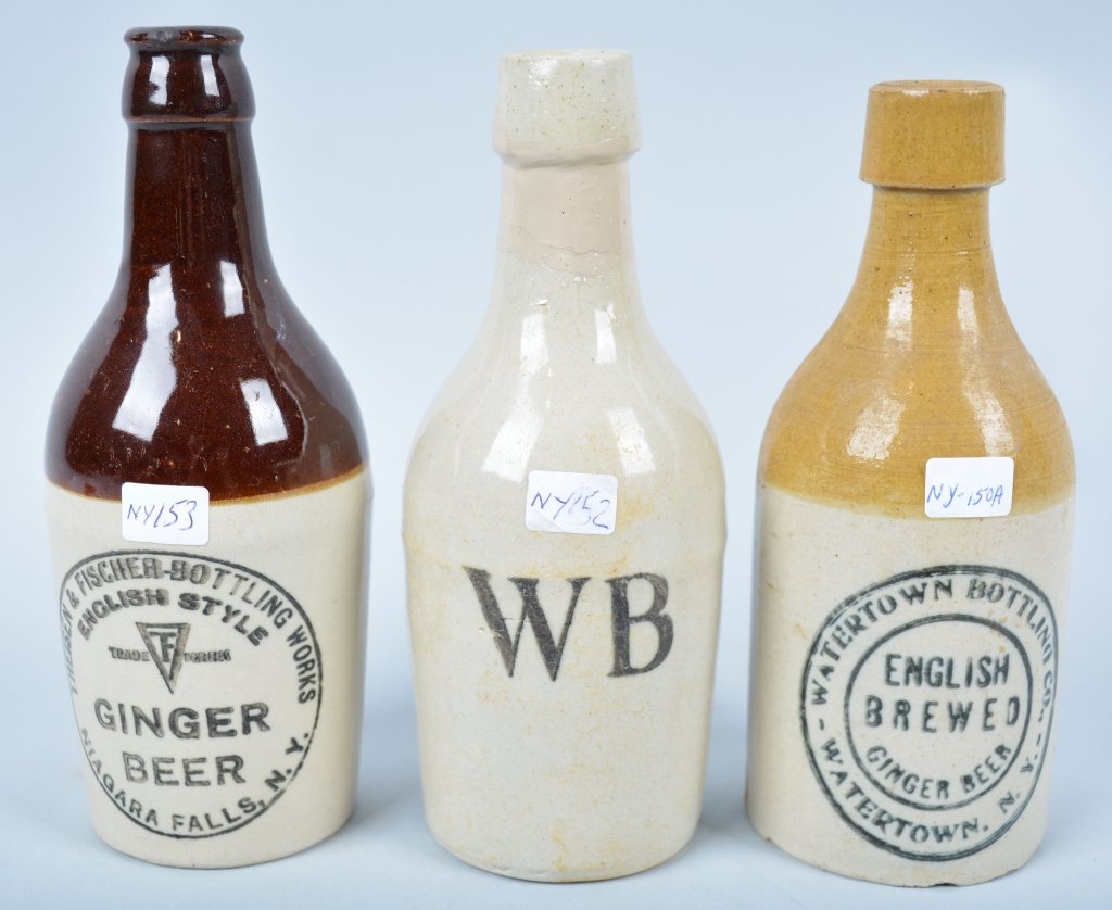 3-New York Ginger Beer: Book # NY-150a,NY-152, and NY-153, 1906-1920, 7 1/2", WB, Watertown Bottling, and Theisen & Fischer, Niagra Falls, WB repair at neck, - Good-Excellent