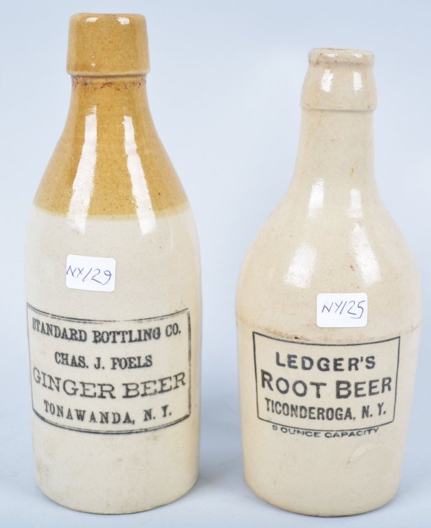 2-New York Ginger Beer: Book # NY-125 and NY-129, 8", Ledger's 1906, Ticonderoga, and Standard Bottling 1899, Tonawanda. - Excellent