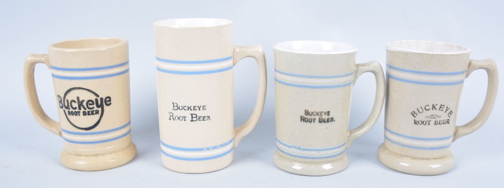 4-Buckeye Root Beer Mugs, Cleve. Ohio: Book # Mug-16, Mug-17, and Mug-20 and Mug-22, 1910-1950, 5 1/2", Some minor crazing, nice colors and graphics, - Very Good-Excellent
