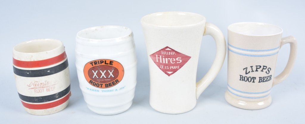 4-Root Beer Mugs, Hires, Zipp's Etc.: Book # Mug-55, Mug-73, Mug-127, and Mug-130, Hires, Phila, PA, 1870-1980, Zipps, Cleve, O. 1885-1960, Hunter's, Norfolk, VA 1915-1920, and Triple XXX, Galveson, TX, 1940. Zipps mug has rim repair, and
