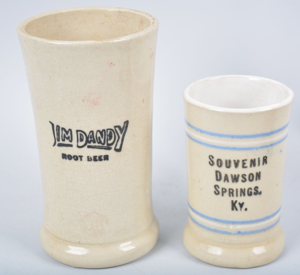 2-Root Beer Mugs, Ohio and Kentucky: Book # Mug-30 and Mug-75, 1909-1945, 6 1/4", Jim Dandy, Cleve. Ohio, Dawson Springs, D.S. Kentucky. - Excellent