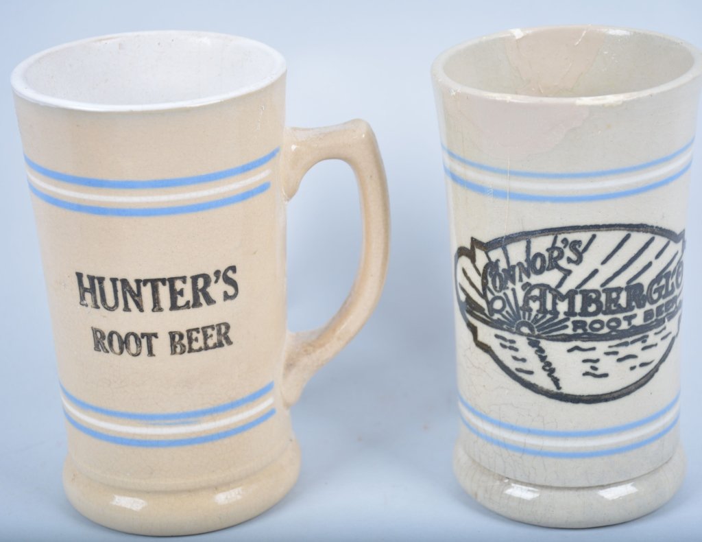 2-Connor's and Hunter's Root Beer Mugs, VA and NH.: Book # Mug-25 and Mug-74, 6 1/4', Connor's Amberglo Newfield's, NH, 1919, repaired, and Hunter's Norfolk, VA, 1915-1920, - Excellent