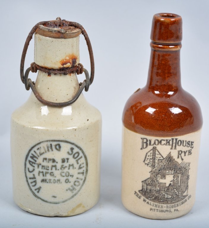 2-Stoneware Miniature Bottles: 1900-1920, 5 1/2", Vucanizing solution, Akron Ohio with original cap, and Block House Rye, Pittsburgh, Pa, - Very Good-Excellent
