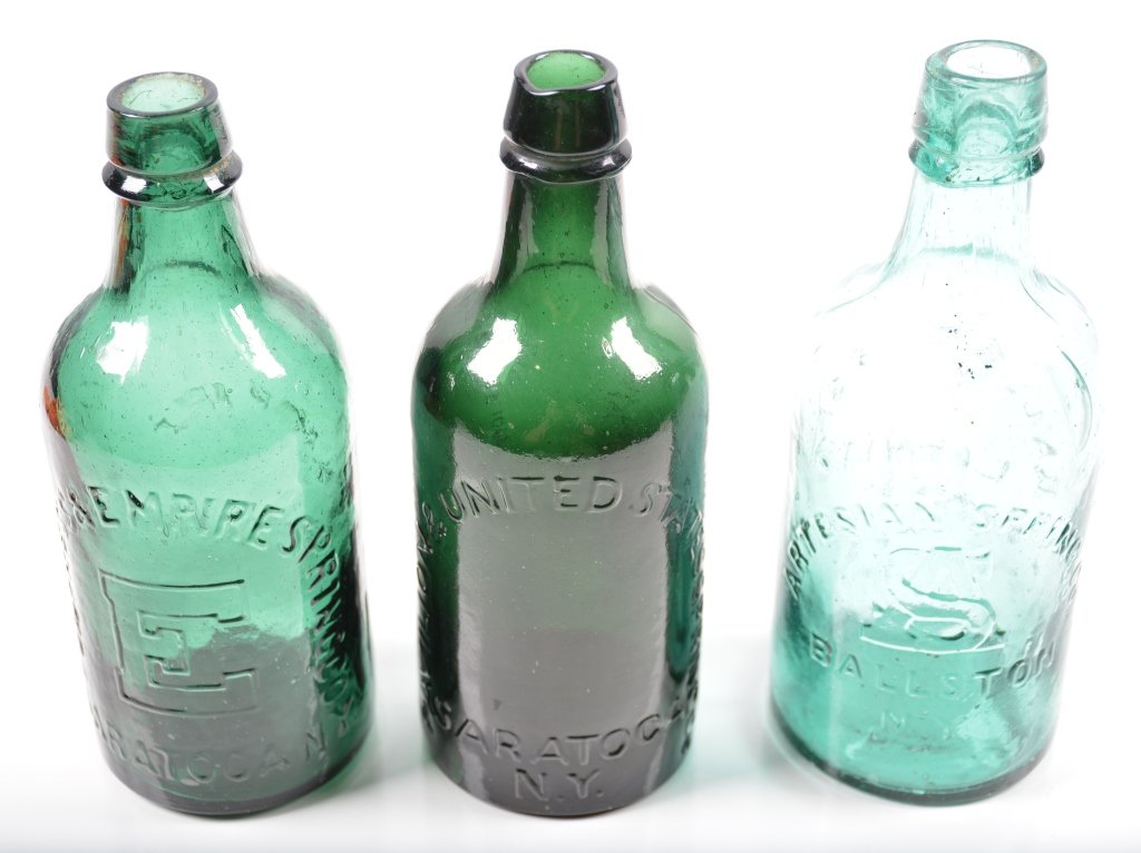 3-Green Spring Water Bottles, NY: 19th century green spring water bottles. 8", Ballstone Spa, Congress and Empire and Pavillon & United States Springs. -Very Good-Excellent