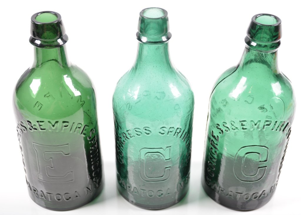 3-Congress & Empire Spring Water: 19th century green bottles, Saratoga, NY, 8", - Excellent