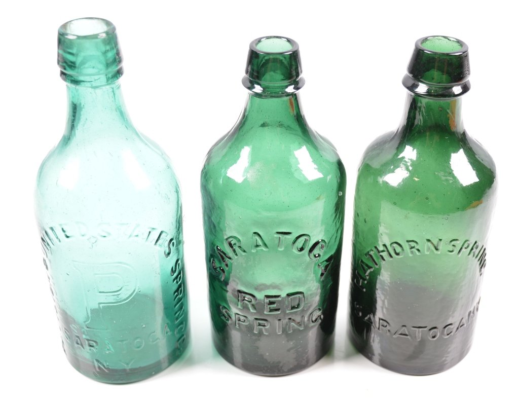 3-Green Spring Water Bottles, NY: 19th century green spring water bottles. 8", Saratoga Red Spring, Hathorn Spring, and Pavillon & United States Springs. -Very Good-Excellent