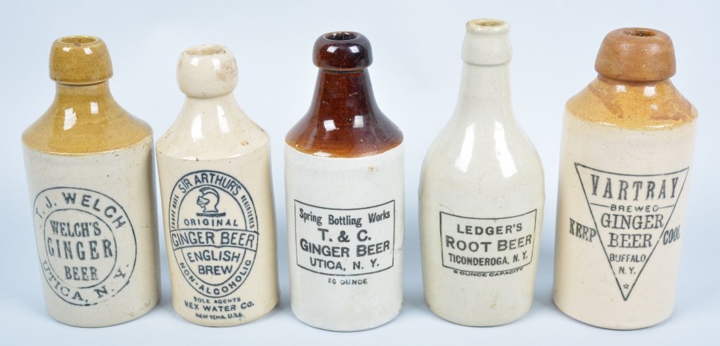 5-New York Ginger Beer Bottles: Welch, Vartray, T&C, Sir Arthur's and Ledger's. from Buffalo, Utica and Ticonderoga, 7" - Very-Good-Excellent