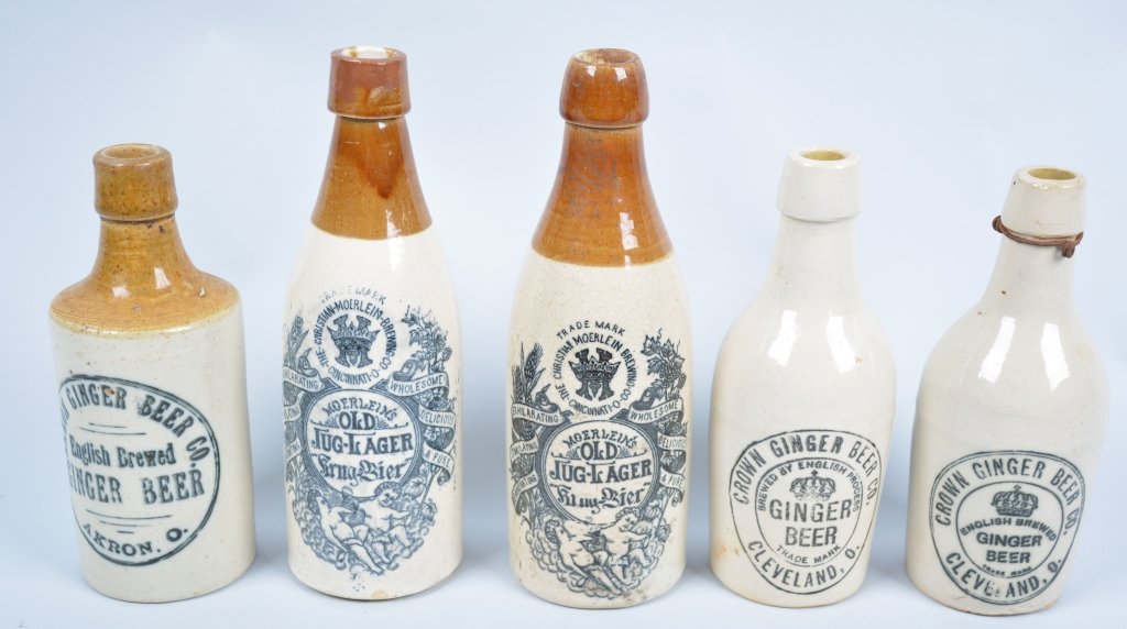 5-Ohio Ginger Beer Bottles: Akron Ginger Beer, 2-Crown, 2-Moerlein, from Cleveland, Akron and Cincinnati, 9", Very Good-Excellent
