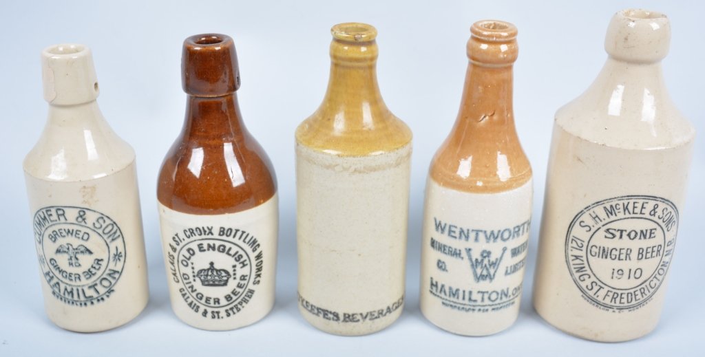 5-Canadian Ginger Beer Bottles: Wentworth, Cummer & Son, Calais, O'Keefe's, and Mckee & Sons, from Toronto, Calais, Hamilton. 7 3/4', 2 touched up at neck. Very Good-Excellent