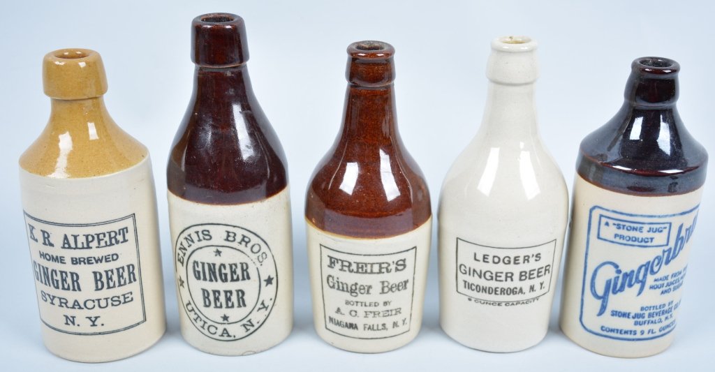 5-New York Ginger Beer Bottles: Freir's, Ledger's, Gingerbru, K.R. Albert, Ennis Bros. from Syracuse, Utica, Niagra falls, Buffalo, and Ticonderoga, 7 1/2", Excellent
