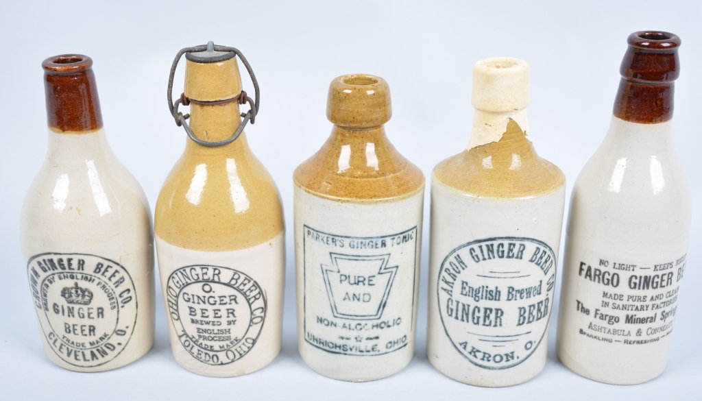 5-Ohio Ginger Beer Bottles: Crown, Fargo, Akron Ginger Beer, Ohio Ginger Beer, Parker's Ginger Tonic. 8", Akron Ginger beer repaired at neck. Good-Excellent