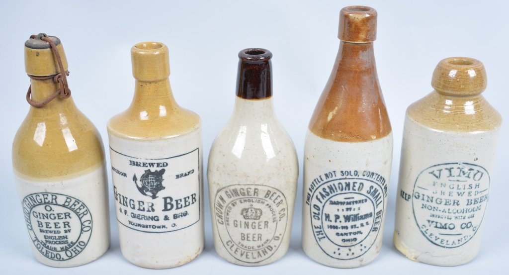 5-Ohio Ginger Beer Bottles: Crown, Vimo, Giering & Bros, H.P. Williams, and Ohio Ginger Beer, 8 1/2", Very Good-Excellent