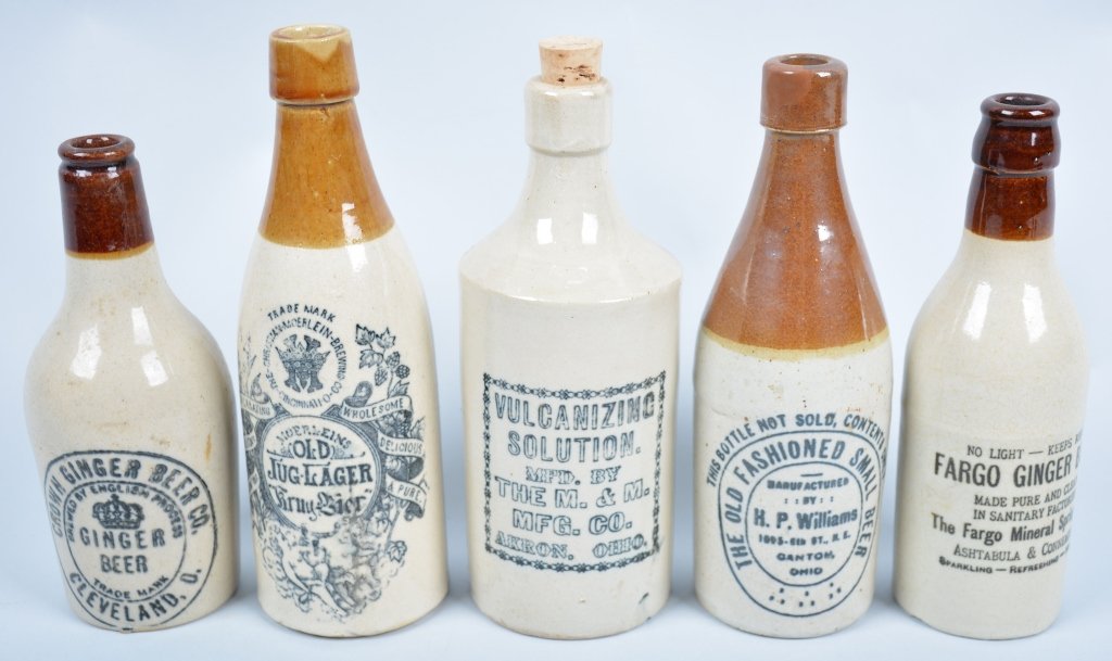 5-Ohio Ginger Beer Bottles: Crown, Fargo, H.P Williams, Moerlein, and M&M Vulcanizing Solution, 8 1/2" - Excellent