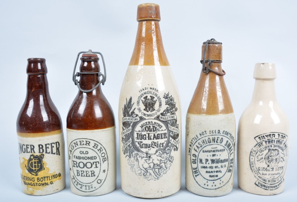 5-Ohio Ginger Beer Bottles: Giering, Wagner Bros, H.P. Williams, Moerlein, Silver Top, 10 1/2", Very Good-Excellent