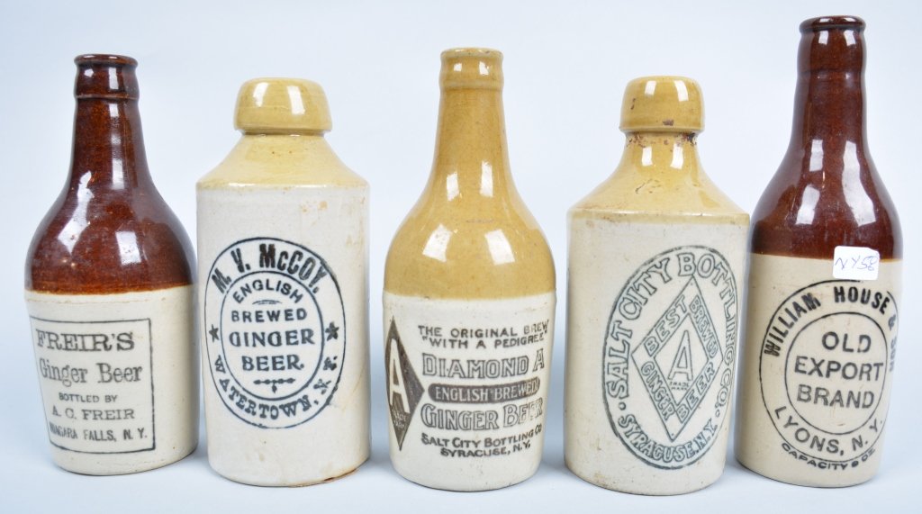 5-New York Ginger Beer Bottles: Freir's, William House, M.V. McCoy, Salt City, Diamond A, from Watertown, Syracuse, Lyons, and Niagra Falls, 8 1/2", McCoy bottle repaired, Good - Excellent