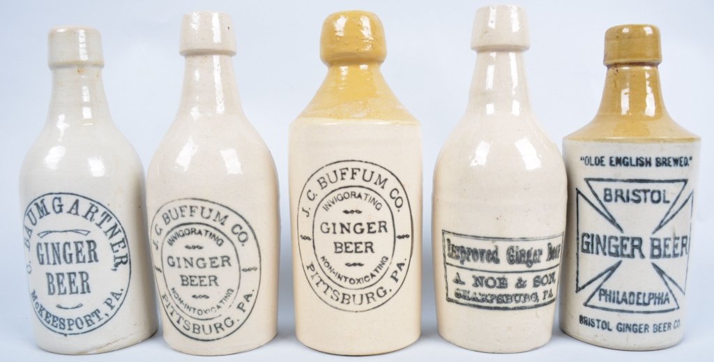 5-Pennyslvania Ginger Beer Bottles: Bristol, Improved Ginger Beer, 2-J.C. Buffum, C. Baumgarter, from Mckeesport, Pittsburgh, Sharpsburgh, and Philadelphia, 7 1/2", Baumgarter and Buffum touched up. - Good-Excellent