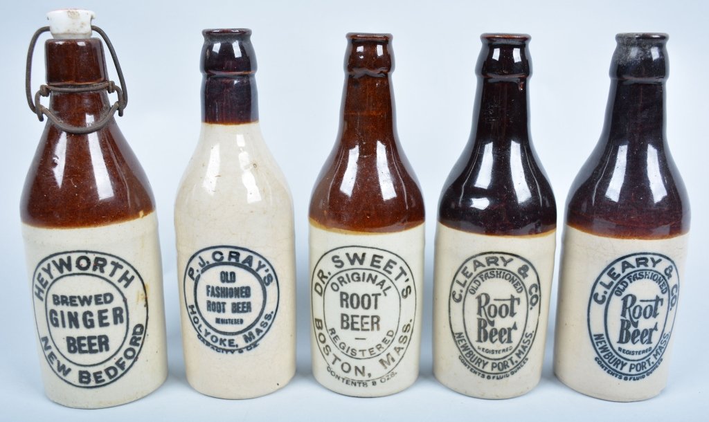 5-Massachusetts Ginger Beer: P. J. Cray's, 2-C. Leary & Co, Dr. Sweet's, and Heyworth, from New Bedford, Holyoke,Newbury Port,a nd Boston, 8", - Excellent