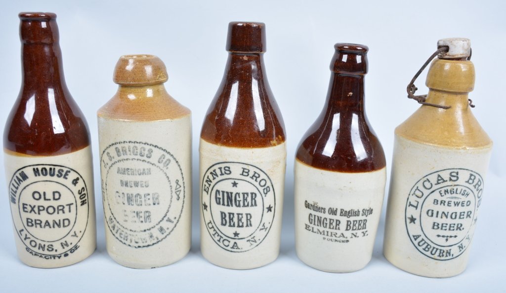 5-New York Ginger Beer Bottles: William House, Lucas Bros, J.S. Briggs, Ennis Bros, and Gardner's, from Elmira, Utica, Lyons, Auburn and Watertown, 7 3/4", - Excellent