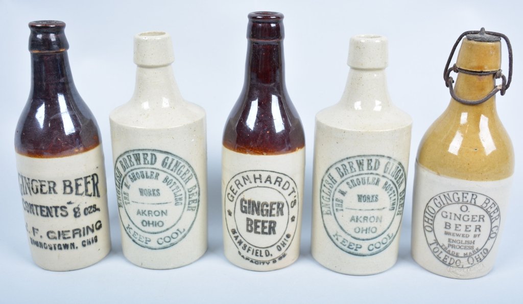 5-Ohio Ginger Beer Bottles: 2- Shouler Bottling, Ohio Ginger Beer, J.F. Gierno, and Gerhardt's, from Cleveland, Mansfield, Akron and Toledo, 7 1/2", Ohio Ginger Beer has hairline,- Excellent