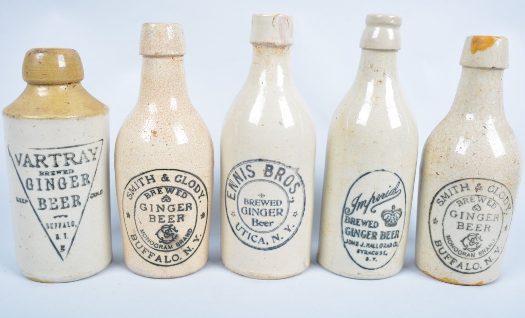 5-New York Ginger Beer Bottles: 2-Smith & Clody, Imperial, Vartray, and Ennis Bros., from Buffalo, Utica, and Syracuse, 7 3/4". Imperial and Ennis Bros have lip repair, Smith & Clody's have crazing. Good-Very Good