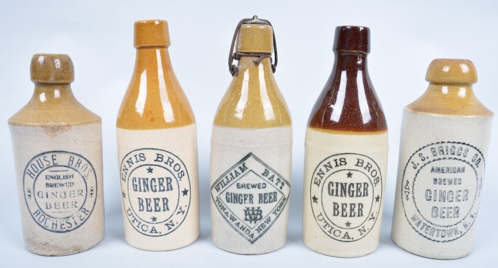 5-New York Ginger Beer Bottles: 2-Ennis Bros, House Bros, J.S. Briggs, and William Batt, from Rochester, Utica, Tonawanda, and Watertown, 8", Some crazing, nice colors and detail, - Very Good-Excellent