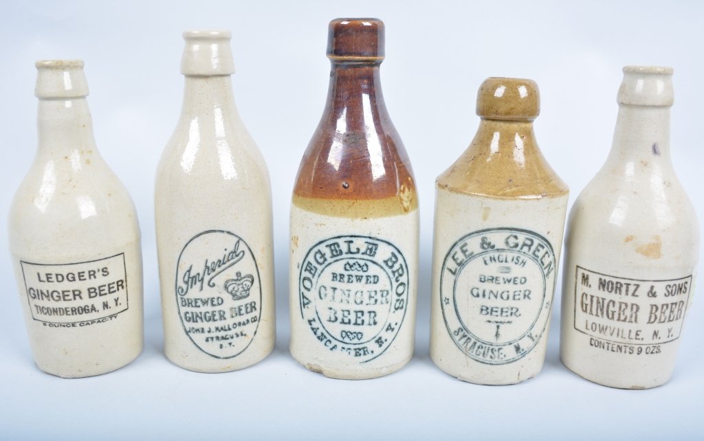 5-New York Ginger Beer Bottles: Voegele, M. Nortz & Son, Lee & Green, Ledger's, and Imperial, 8 1/2", from Lowville, lancaster, Ticonderoga, and Syracuse. Imperial has touch up. - Very Good-Excellent