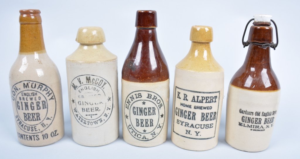 5-New York Ginger Beer Bottles: K.R. Alpert, M.V. McCoy, Con. Murphy, Gardner's and Ennis Bros, from Utica, Syracuse, Watertown, and Elmira 8", - Murphy bottle repair at lip, - Good-Excellent