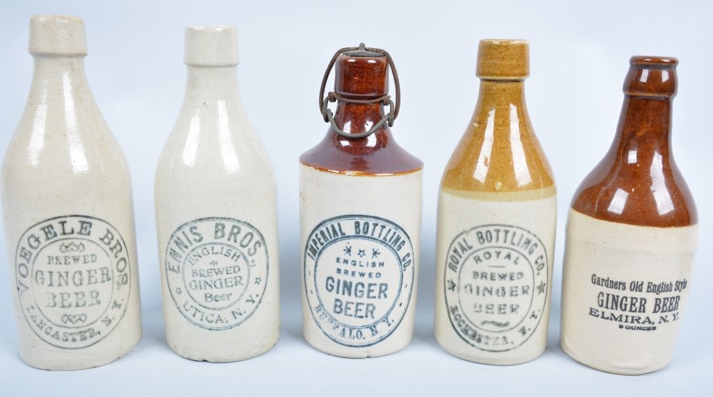 5-New York Ginger Beer Bottles: Ennis Bros, Voegele, Imperial, Royal Bottling, and Gardners, from Elmira, Rochester, Buffalo, Utica, and Lancaster. 8 1/2" - Excellent