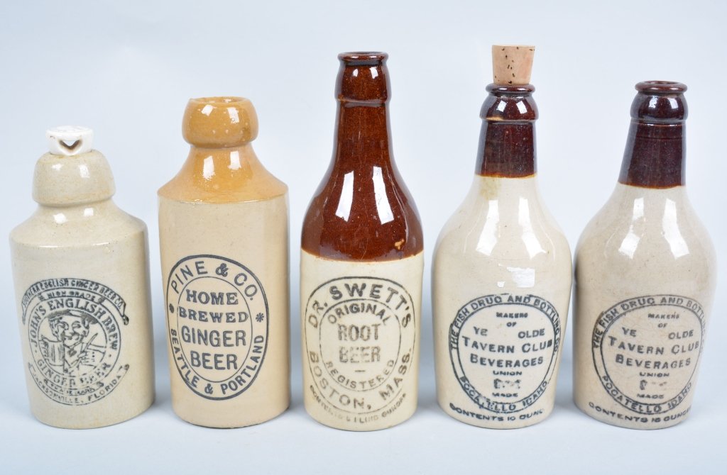 5-Ginger Beer Bottles: John's English Brew, Jacksonville, FL, Dr. Swett's, Boston, Mass.,Pine & Co. Seattle, Wash. And 2-The Fish Drug and Bottling, Pocatello, Idaho, 7 3/4", Pine & Co. has hairline, nice colors and graphic