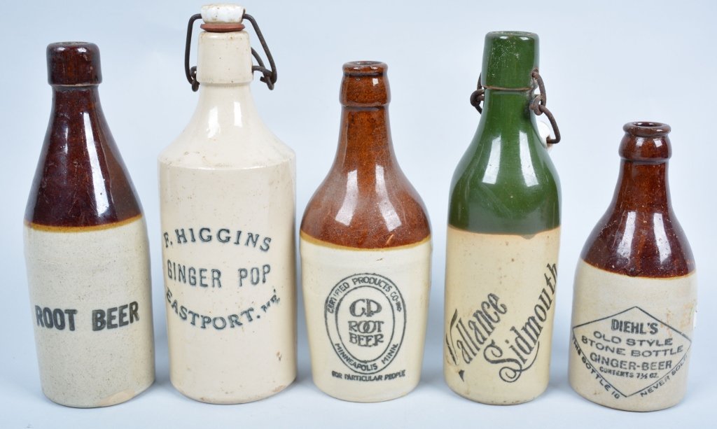 5-Ginger and Root Beer Bottles: Diehl's, Vallance Sidmouth, F. Higgins, C.P. Root Beer, and Generic, from Minneapolis, Minn, and east Port Maine, Others unknown. 8 1/2", - Excellent