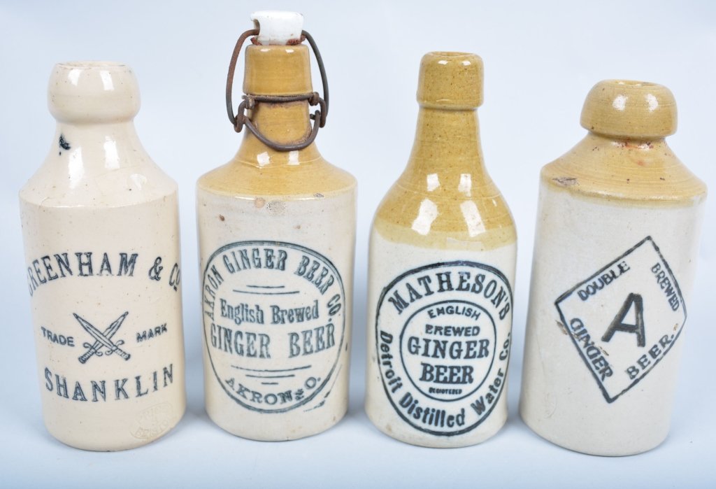 4-Ginger Beer Bottles: Grennham & co, Shanklin, Doubler A, Matheson's, Detroit, Mich. And Akron Ginger Beer, Akron, Ohio, - Excellent