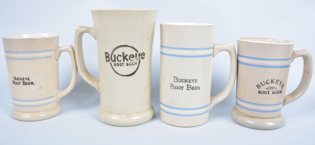 4-Buckeye Root Beer Mugs, Cleve. Ohio: Largest 6 1/2", Some crazing and hairlines, nice colors and graphics, Very Good