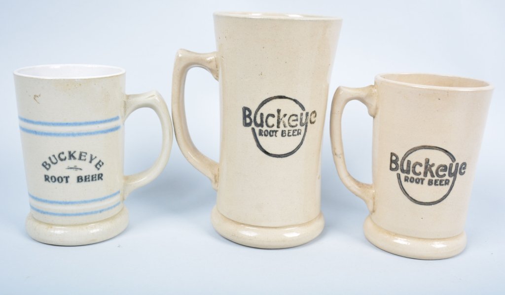 3-Buckeye Root Beer Mugs, Cleve, Ohio: Largest 6 1/2", One has hairline, nice coloring, Very Good-Excellent