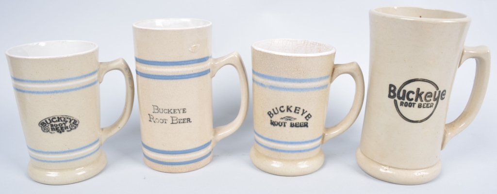 4-Buckeye Root Beer Mugs, Cleve. Ohio: Largest 6 1/4", One has crazing and one has touch up,- Very Good-Excellent