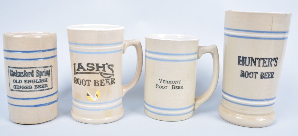4-Root Beer Mugs, Vermont, Hunter's Etc.: Largest 6 3/4", Hunter's, has hairline, Lash's has touch up, Chelmsford has hairline, Vermont is excellent, -Good-Excellent