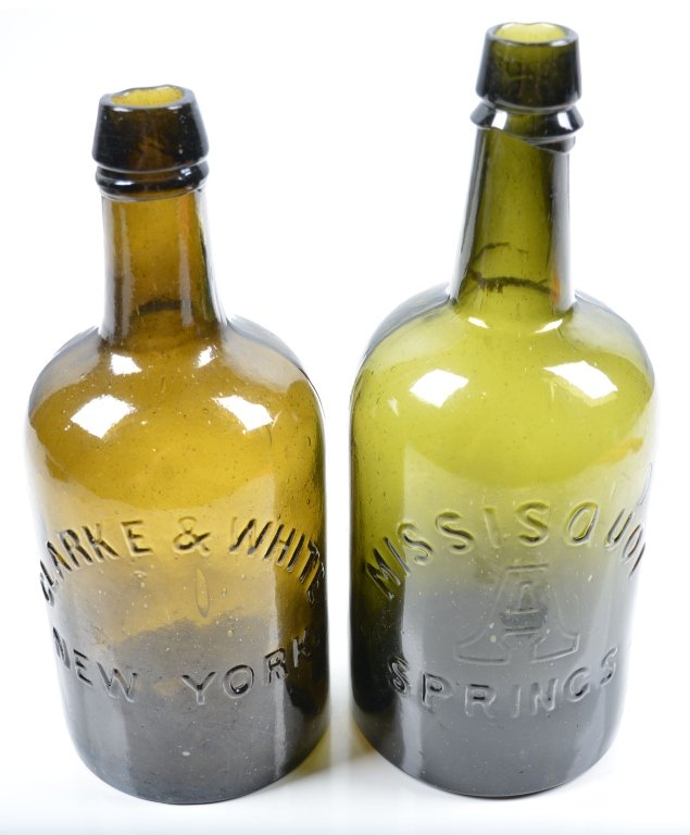 2-Mineral Springs Water Bottles, NY: 19th century, Misquoi olive and Clarke & White amber, 9 3/4", - Very Good-Excellent