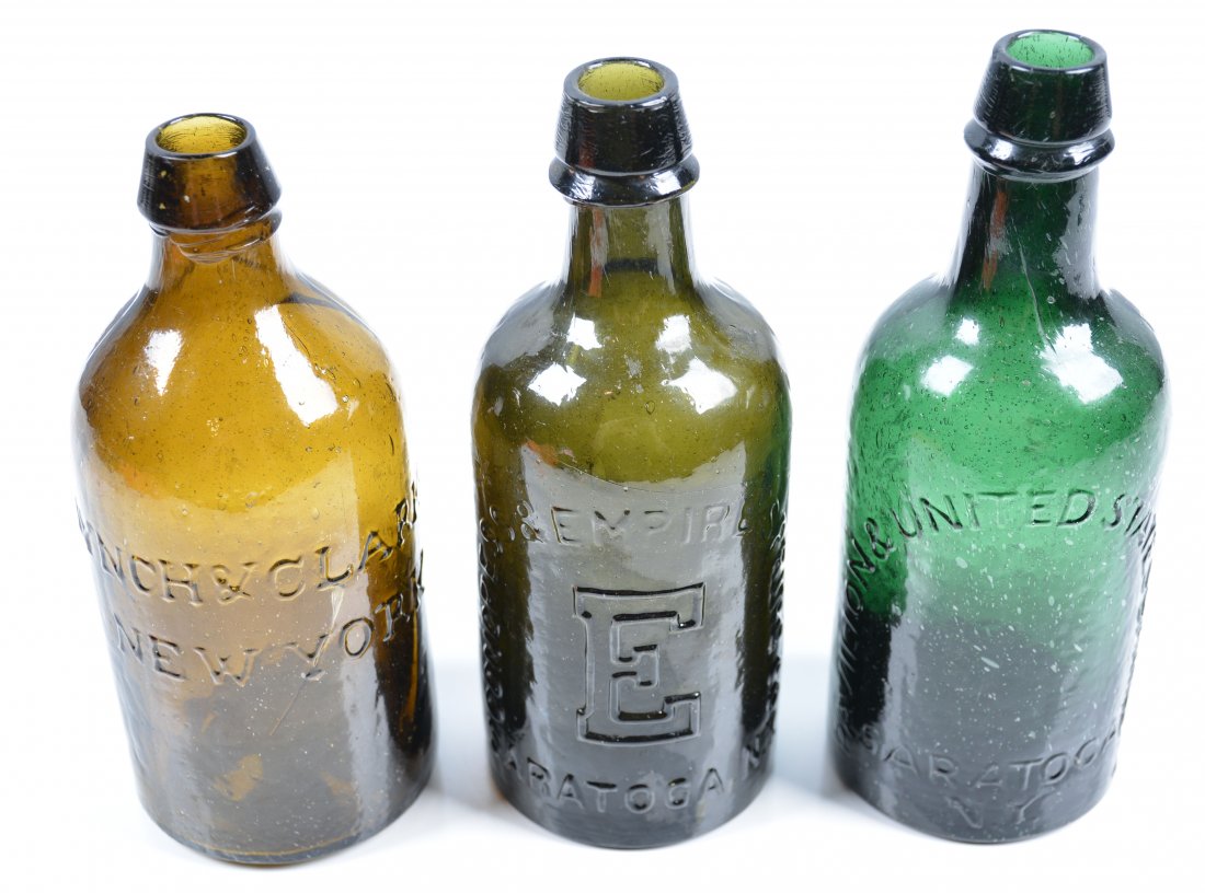 3-Mineral Springs Water Bottles, NY: 19th century, Pavlison, Congree & Empire,and Lynch & Clarke. 8 1/4", Lynch and Clarke bottle is cracked, -Good-Very Good
