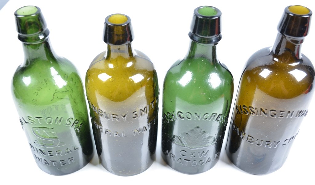 4-Mineral Springs Water Bottles,NY: 19th century, Hanbury Smith, Kissinger, Artesian Springs, and High Rock Congress Springs, 8 1/2", Very Good-Excellent
