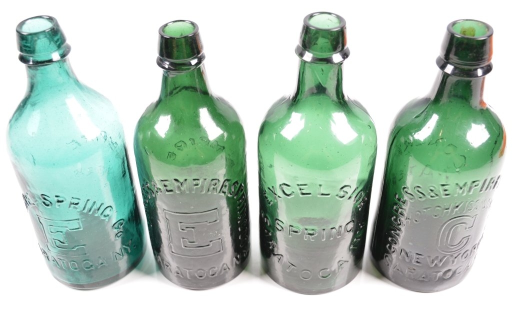 4-Mineral Springs Water Bottles,NY: 19th century, 2- Congress& Empire, Empire Springs, and Excelsior Spring, 8", Empie State has crack inside lip. -Very Good-Excellent