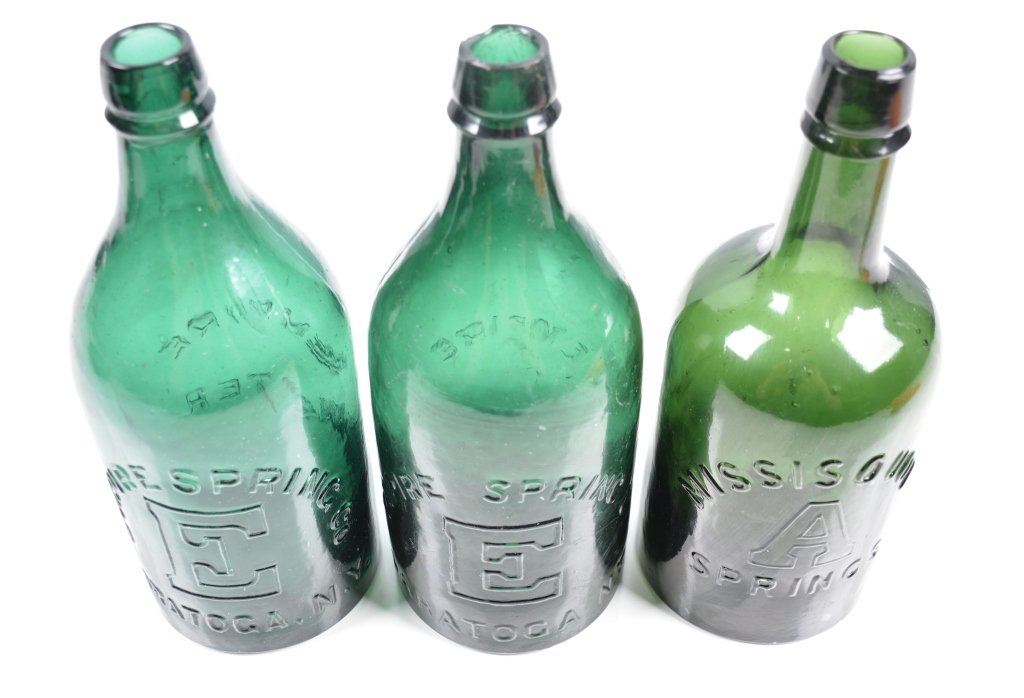 3-Mineral Springs Water Bottles, NY: 19th century, Misquoi and 2-Empire Springs, 9 3/4", One Empire Springs has chip at lip, - Very Good-Excellent