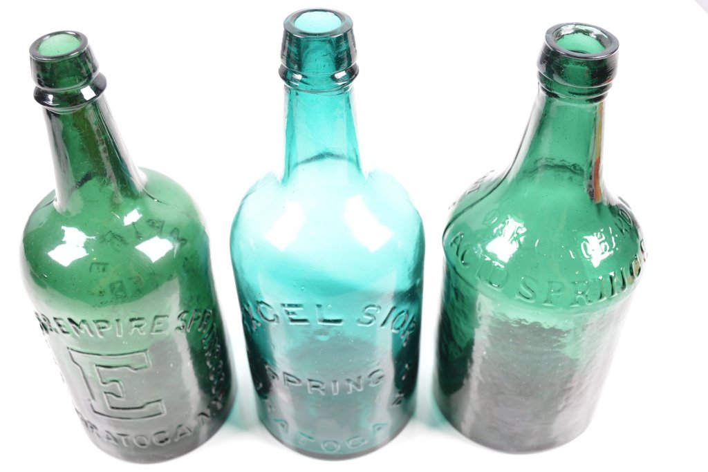 3-Mineral Springs Water Bottles, NY: 19th century, Oak Orchard, Excelsior, and Empire, 9 3/4". Oak Orchard has small flake on neck- Excellent